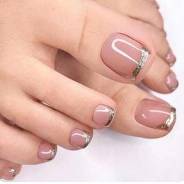 False Nails 24pcs Glitter French Toe Press On Short Square Foot Acrylic Nail Kits Nude Pink For Girl Feet Tips