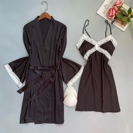 Women's Sleepwear Lace Satin Patchwork Sexy Women Kimono Robe Set Intimate Lingeire Casual Long Sleeve Home Clothing Black Bathrobe Gown