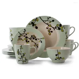 Plates Elama Retro Bloom 16 Piece Round Stoare Dinnerware Set In Green Elegant Light And Earthy Olive For Special Occasions