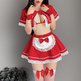 Sexy Set Porn Women Lingerie Maid Uniform Outfits Cosplay Exotic Costumes Christmas Red Santa Open Chest with Lace Skirt 230411