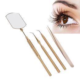 Facial Makeup Compact Mirror Kits Eyelash Mirror Eyelash Lift Stick with Tweezers Box Packaging 1 set of 4pcs