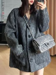Women's Wool Blends LANMREM Vintage Winter Jacket V Neck Pockets Single Breasted Loose Female Coat Fashion 2023 Clothing 2AA3673 231110