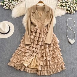 Casual Dresses New Autumn Winter hacked Collar Ladies Office Cake Dress Elegant Women Double Breasted Long Sleeve Layers Ruffles Midi Vestidos 2024