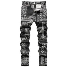 Men's Jeans Men Paisley Bandanna Printed Fashion 3D Digital Painted Stretch Denim Pants Slim Straight Black Trousers237Y