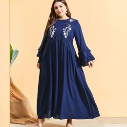 Ethnic Clothing Large Size Stylish And Dignified Arab Dress Embroidered Ruffled Flared Long Sleeve Muslim Casual Abaya Turkey Kaftan