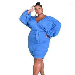 Plus Size Dresses 2023 Women's Spring Summer Pit Strip High Waist Puff Sleeve Sexy Solid Colour Hip Wrap Mini Dress