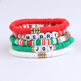 Charm Bracelets Joy Merry Christmas Santa Claus Tree Deer Soft Pottery Elastic Beaded Jewelry Women Girls Boy Gift (A SET-5PCS )