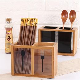 Kitchen Storage Multifunctional Bamboo Spoon Fork Box Chopsticks Draining Stand Cutlery Partition Holder Tableware Organizer