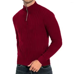 Men's Sweaters Men Fall Winter Sweater Zipper Half-high Collar Solid Knitted Soft Warm Elastic Casual Pullover Striped Mid Length