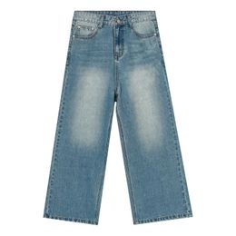 Mens denim jeans mens loose fitting wide leg straight tube pants fashionable torn hole pants mens clothing blue