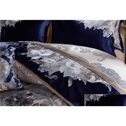 Bedding Sets Blue Sier Silk Cotton Satin Jacquard Luxury Chinese Set Queen King Size Bed Sheet/Spread Duvet Er H0913 Drop Delivery Hom Dhimr