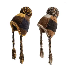 Berets Vintage Handmade Tassel Braid Knitted Hat Women Winter Version Plaid Hairball Versatile Thermal Ear Protector Warm Bomber