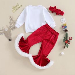 Clothing Sets Baby Girl Bell Bottoms Clothes Set Letter Santa Romper Sweatshirt Flare Pants Toddler Christmas Valentine Outfit