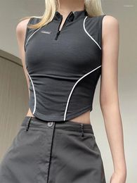 Women's Tanks SEASONS Stitch Slim Basic Casual Tank Vest Zip Up Stand Collar Crop Top Women Sleeveless Streetwear Summer Sweats Tops