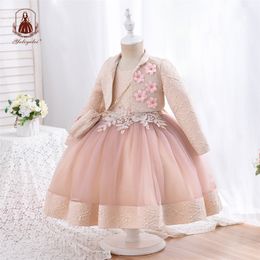 Girls Dresses Yoliyolei 3pcsset Puffy Dress for Jacquard Pattern Tulle Patchwork Children Clothing 3D Appliques Casual Birthday 230410