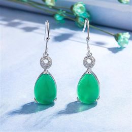 Dangle Earrings Natural Green Jade Chalcedony Water Drop 925 Silver Carved Charm Jadeite Jewelry Fashion Amulet For Women Gifts