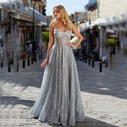 2024 Fashion Grey Prom Formal Dress Sweetheart Spaghetti Straps Shiny Tulle Sequined A-line Evening Party Gowns Celebrity Wear Robe De Soiree
