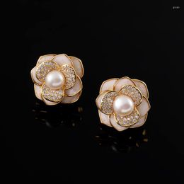 Stud Earrings Retro Freshwater Pearl Ear Clip Light Luxury Small Fragrance Camellia Silver Needle Female