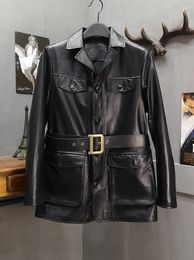 Women's Leather 2023Autumn Winter Womens Sheepskin Genuine Jackets Long Sleeve Single Breasted Lapel Pockets Sashes Medium Length Coats
