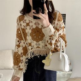 Women's Blouses Vintage Round Neck Pullover Blouse Women Hook Flower Cut Out Tassel Knitted Shirt Long Sleeve Casual Beach Holiday Top