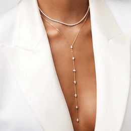 Strands Strings 100% 925 Sterling Silver Rose Gold Silver 3 Colours Geometric Various Shaped Small CZ Stone Sexy Long Y Lariat Necklace For Women 230410