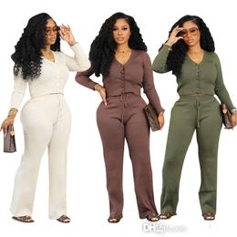 Knit Ribbed Tracksuit Women Two Piece Set Long Sleeve Button Sexy Deep V-neck Sweater Top And Straight Wide Leg Pants 2PCS Suit Woman Tracksuits Outfit