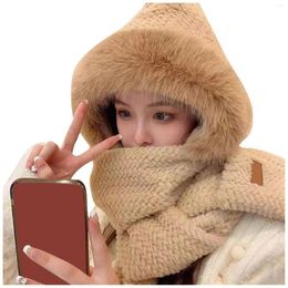 Berets Female Warm Knitted Hats Korean Fashion Soft Furry Hooded Scarfs Beanie Cap Two In One Girls Thickened Fleece Thermal Gorra