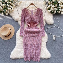Basic Casual Dresses New 2024 France Elegant Women V Neck Lace Evening Dress Vintage Autumn Pink Floral Hollow Out Long Sleeve Bodycon Midi Vestidos
