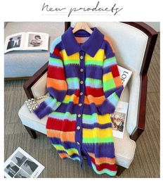 Women's Sweaters New Autumn Winer Rainbow Striped Knitted Long Sweater Coat Lazy Style Women Lapel Single Breasted Mohair Thick Cardigan Outwear 2024