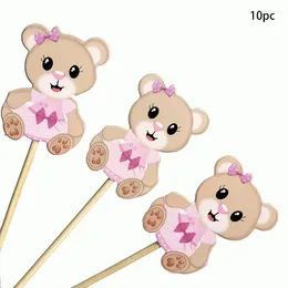 Forks 10pcs Pink Bear Card Fruit Sign Disposable Bamboo Sticks Bbq Dessert Cake Plate Party Decoration Insertion