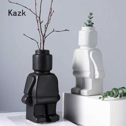 Vases Creative Ceramic Robot Vase Modern Decor Home Desktop Small Robot Upright Dried Flower Vase Living Room Decoration Accessories P230411