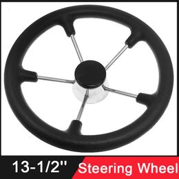 All Terrain Wheels Parts 5-Spoke Stainless Steel Steering Wheel Marine 13-1/2" With Polyurethane Foam Black Fit 3/4" Shaft Boat Accessory