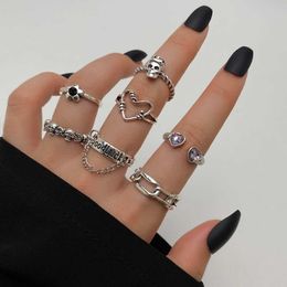 Band Rings IFMIA Skull Rings Set Gothic Vintage Punk for Women Silver Plated Hollow Heart Rings Flower Charm Finger Jewelry P230411