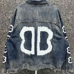 High Version b Denim Sleeves with Bb Woven and Dyed Letters Hand-painted Graffiti on the Shoulders Loose Fitting for Both Men Women