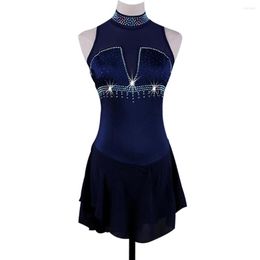 Stage Wear Customised Competition Ice Skating Skirt Navy Blue Rhinestone Girls Sexy Sleeveless Women Figure Dress