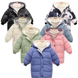 Casacos de inverno crianças para baixo jaqueta meninos meninas sólida comprimento médio casaco quente proteção fria com capuz algodão windbreaker outerwear 3-10y 231110