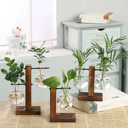 Vases Hydroponic Plant Vases Vintage Flower Pot Transparent Vase Wooden Frame Glass Tabletop Plants Home Bonsai Decor Home Vase P230411