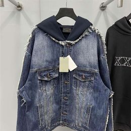 High Edition Autumn and Winter New Luxury Fashion b Family Denim Sweater Made of Old Fur Edge Fake Two Piece Spliced Men's Women's Jacket Coat