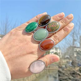 Band Rings Natural Stone Ring for Women Vintage Silver Colour Aventurine Stone Rings Big Cabochon Open Ring Adjustable Men Female Jewellery P230411