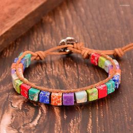 Strand 1pcs Natural Stone Chakra Bracelet Woman Men Handmade Multi Color Jewelry Tube Beads Leather Wrap Creative Couples Gift