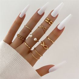 Band Rings 9pcs Punk Gold Colour Chain Rings Set For Women Girls Fashion Irregular Finger Thin Rings Gift Female Knuckle Jewellery Party 230410