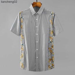 Men's Casual Shirts Luxury Gold Print Striped Shirt Mn Short Sleeves Slim Casual Shirt Social Party Tuxedo Blouse Male Business Formal Dress Shirts W0410