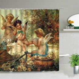Angels in Heaven Shower Curtain Set Polyester Fabric Machine Washable Printed Background Wall Curtains for Bathroom Home Decor 210237J