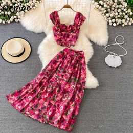 Two Piece Dress Neoe Womens Fashion Skrit Set Womens High Waist Flower Print DressSleeveless Short Tank Top Cut Top Two Piece Set 230410