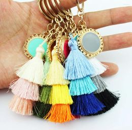 Keychains ZWPON Boho Style Unique 3 Layers Tassel Key Chain Enamel Disc Initial Blank Only Small Wholesale Manufacturers