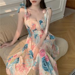 Casual Dresses Summer Women Vintage Flower Sling Dress Bow Tie Strap Square Neck Sleeveless Slim Midi Floral Skirt French Ladies Clothes 230410