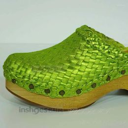 Slippers Rivet Green Bamboo Woven Mules Women Wood Grain Heel Round Toe Slingback 2023 Sandals Casual Outdoor Shoe