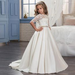 Girl Dresses 2023 Flower Half Sleeves O-neck Beading Ball Gown Solid Formal First Communion Gowns Custom Made Vestido Longo