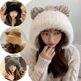 Berets Cute Bear Ear Knitted Beanies Hat Winter Warm Thickened Solid Color Protection Women Casual Outdoor Riding Bonnet Caps