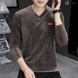 Men's T Shirts V-Neck Golden Velvet Shirt For Men Long-Sleeve Tops Casual Camisetas Spring Autumn Korean Fashion Male Pullover